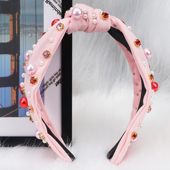 Light Pink Pearl Rhinestone Knotted Headband for Women Valentine’s Day Gift - Picture 3 of 8
